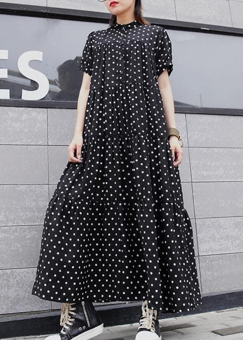 Elegant black dotted cotton clothes For Women stand collar exra large hem Maxi summer Dresses