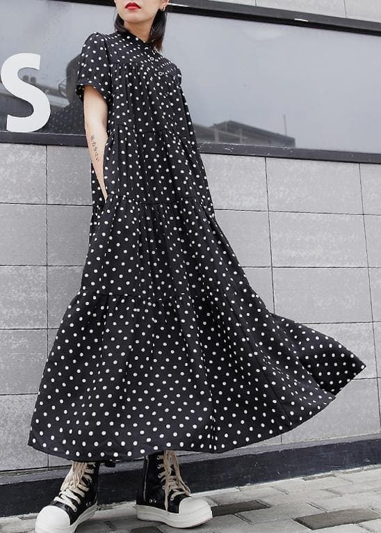 Elegant black dotted cotton clothes For Women stand collar exra large hem Maxi summer Dresses