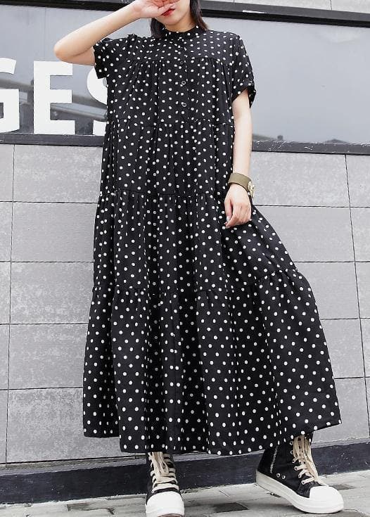 Elegant black dotted cotton clothes For Women stand collar exra large hem Maxi summer Dresses