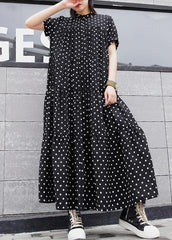 Elegant black dotted cotton clothes For Women stand collar exra large hem Maxi summer Dresses