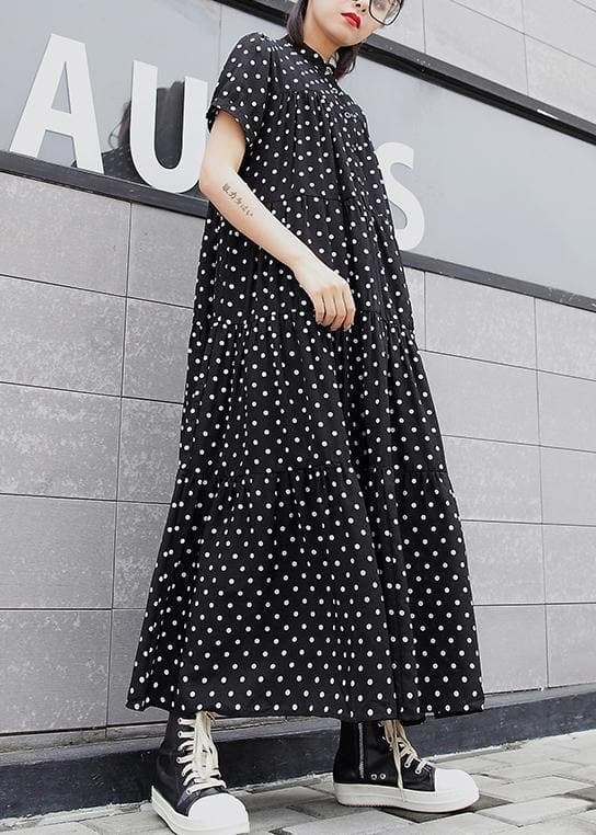 Elegant black dotted cotton clothes For Women stand collar exra large hem Maxi summer Dresses