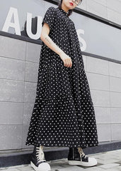 Elegant black dotted cotton clothes For Women stand collar exra large hem Maxi summer Dresses