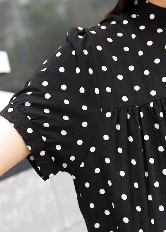 Elegant black dotted cotton clothes For Women stand collar exra large hem Maxi summer Dresses