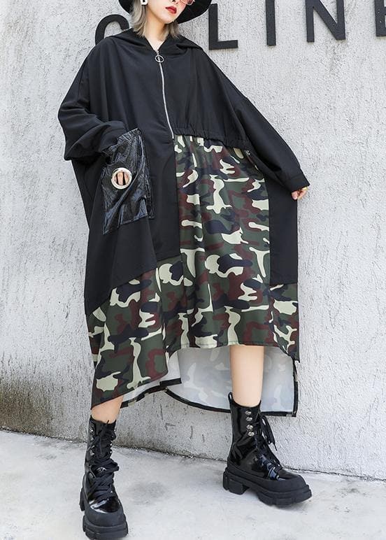 Elegant black patchwork camouflage hooded low high design cotton Dress