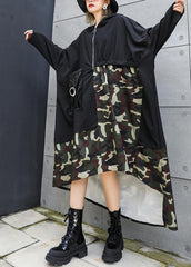 Elegant black patchwork camouflage hooded low high design cotton Dress