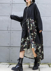 Elegant black patchwork camouflage hooded low high design cotton Dress