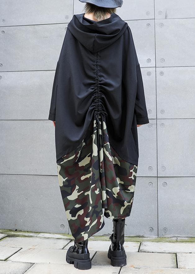 Elegant black patchwork camouflage hooded low high design cotton Dress