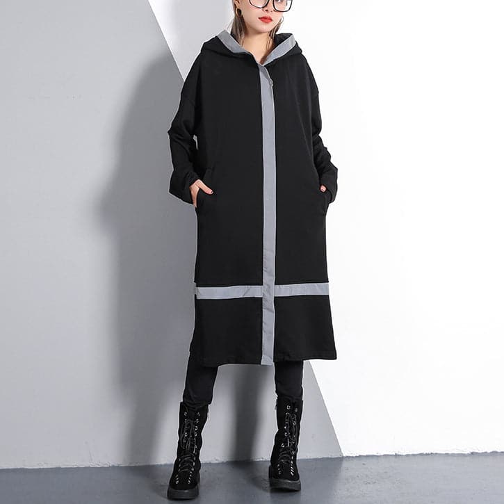 Elegant black plus size traveling dress pockets fine hooded cotton blended dress