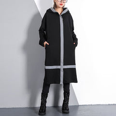 Elegant black plus size traveling dress pockets fine hooded cotton blended dress