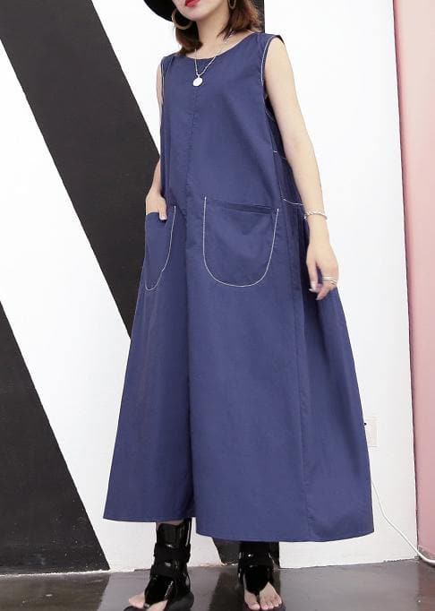 Elegant blue cotton o neck pockets loose Dress