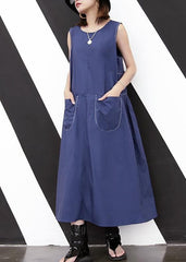 Elegant blue cotton o neck pockets loose Dress