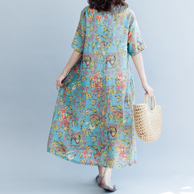 Elegant blue print linen dresses plus size clothing v neck a line skirts caftans 2018 short sleeve dresses