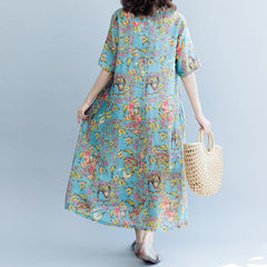 Elegant blue print linen dresses plus size clothing v neck a line skirts caftans 2018 short sleeve dresses