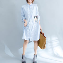 Elegant blue striped cotton knee dress Loose fitting traveling dress fine patchwork cats prints shirt dress