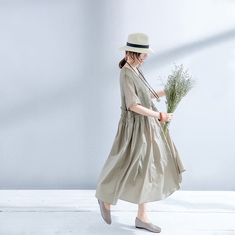 Elegante graue Kleider aus Baumwollleinen in Übergröße, Kleider aus Baumwolle mit elastischer Taille, feines Leinenkleid mit Rundhalsausschnitt