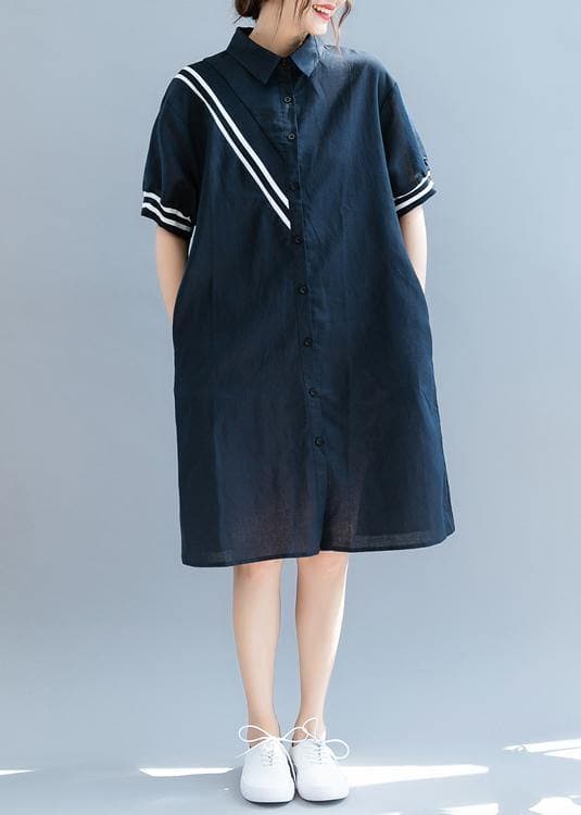 Elegant navy quilting dresses lapel Button Down oversized summer Dress