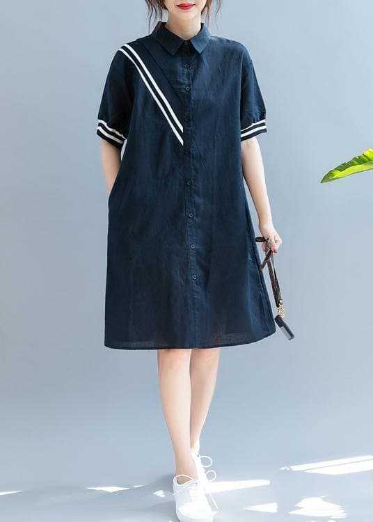 Elegant navy quilting dresses lapel Button Down oversized summer Dress