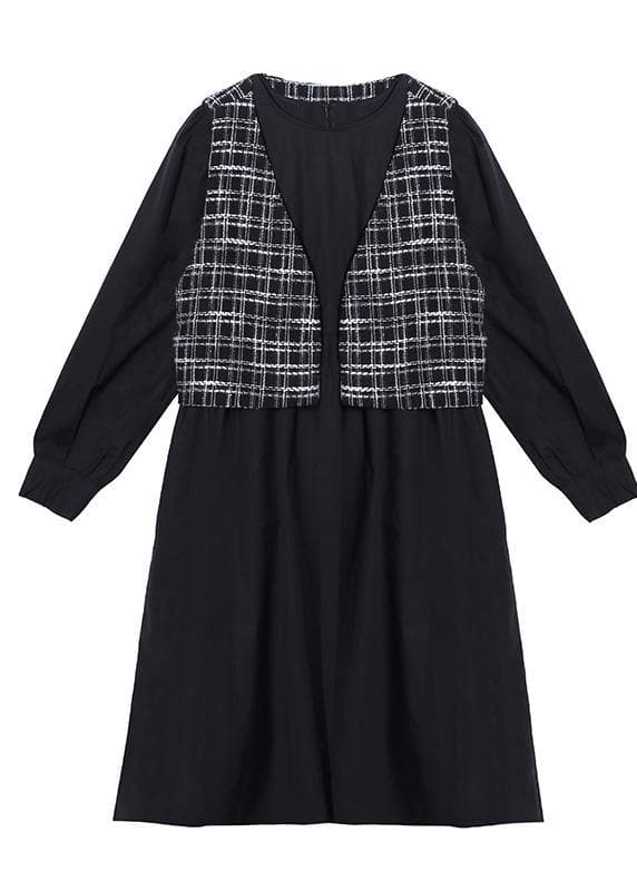 Elegantes O-Ausschnitt Patchwork Plaid Kleidung Inspiration schwarz Plus Size Kleid