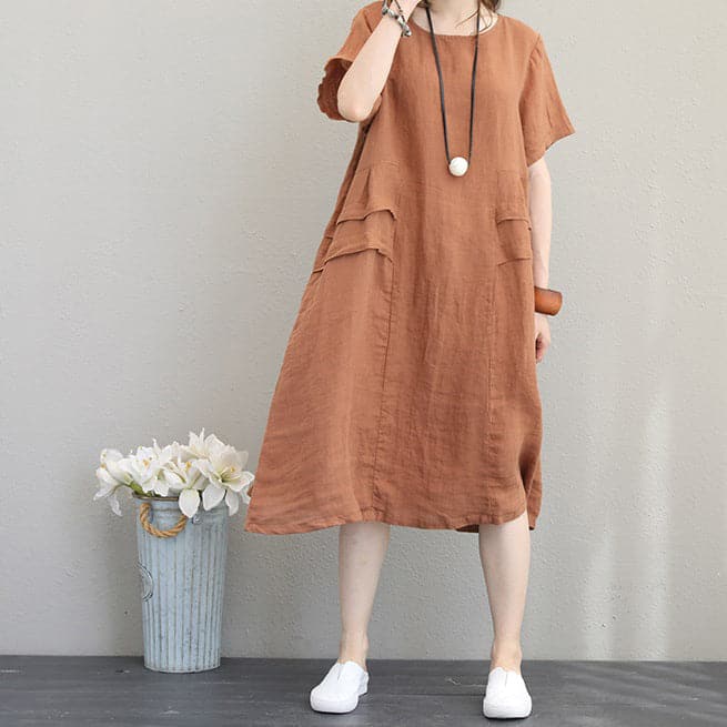 Robe fourreau élégante en lin kaki orange, robe surdimensionnée en coton lin 2018, robes en coton patchwork à col rond