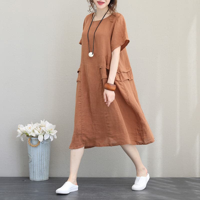 Robe fourreau élégante en lin kaki orange, robe surdimensionnée en coton lin 2018, robes en coton patchwork à col rond