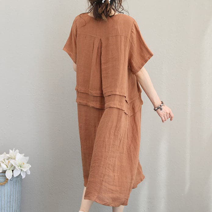 Robe fourreau élégante en lin kaki orange, robe surdimensionnée en coton lin 2018, robes en coton patchwork à col rond