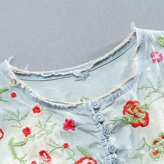 Chemisier élégant en pur coton tendance grande taille broderie femmes été à manches courtes décontracté ample denim hauts