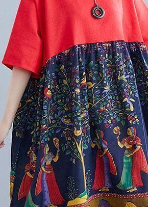 Robe d'été élégante en coton à imprimé patchwork rouge à col rond