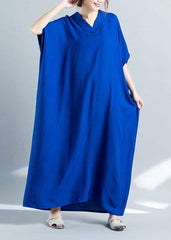 Elegant v neck baggy cotton summer clothes Women pattern blue loose Dress