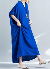 Elegant v neck baggy cotton summer clothes Women pattern blue loose Dress