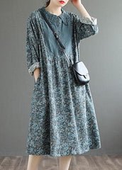 Fashion Blue Cute Button Print Fall Dress Long sleeve