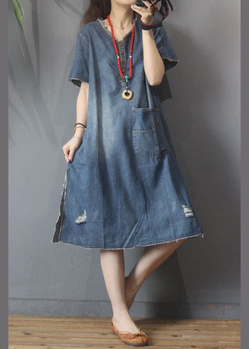 Fashion Denim V Neck side open Dress Summer