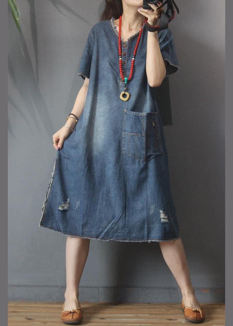 Fashion Denim V Neck side open Dress Summer