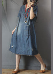 Fashion Denim V Neck side open Dress Summer