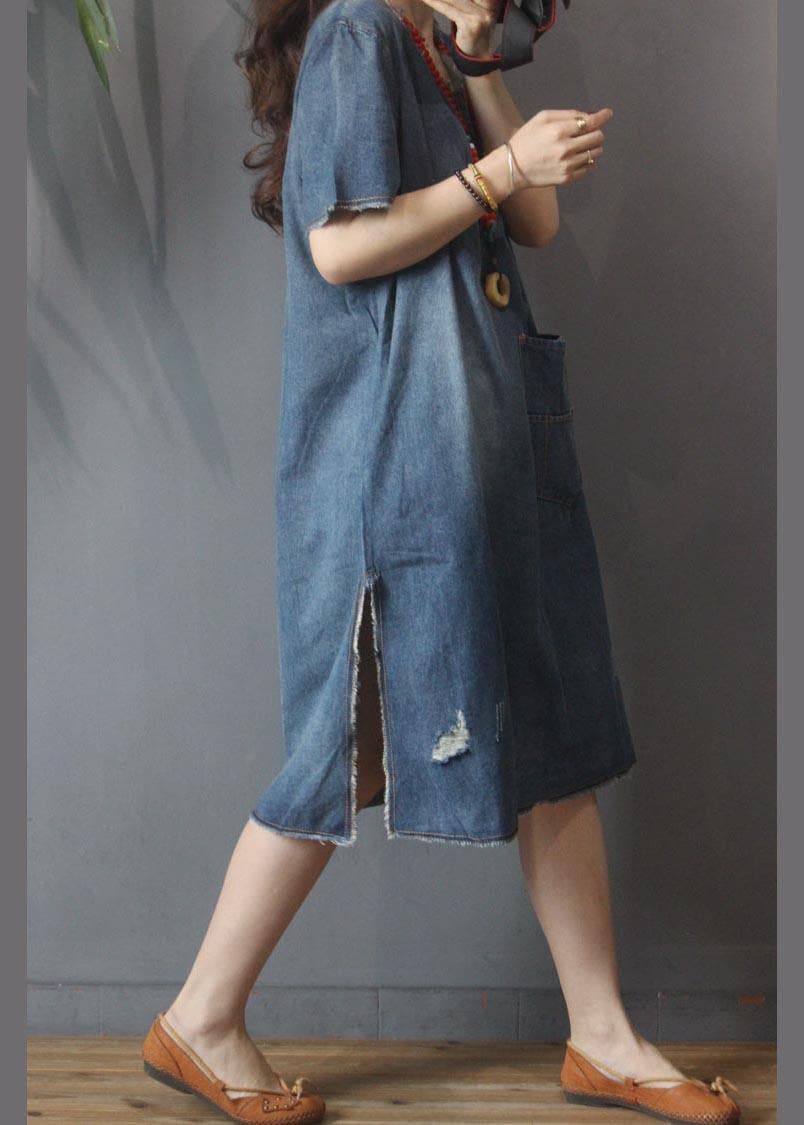 Fashion Denim V Neck side open Dress Summer