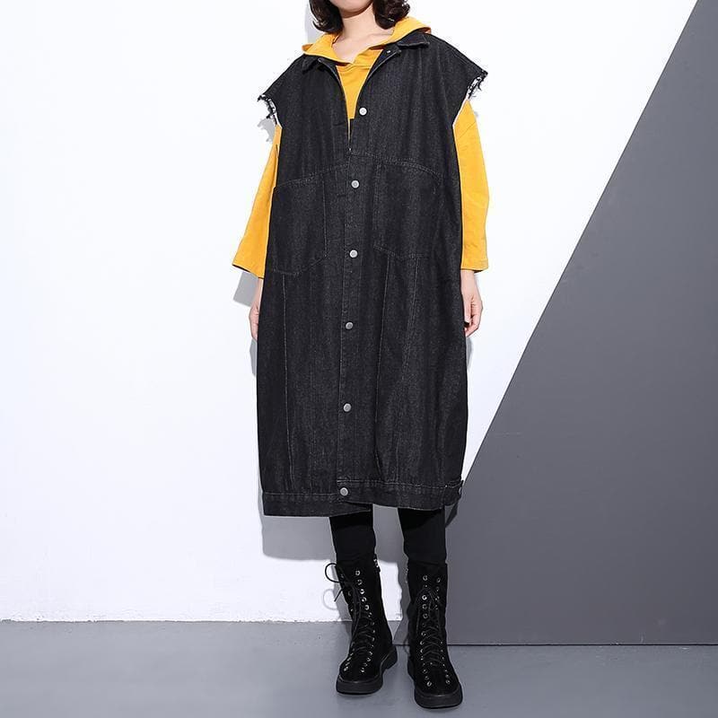 Fashion black coat Loose fitting lapel Coats fine pockets sleeveless coat