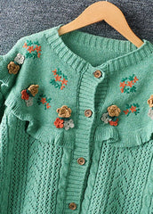 Pull en tricot d'automne à volants amples et boutons brodés vert fin