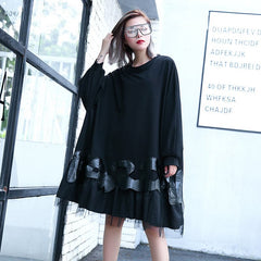 Fine black cotton blended knee dress Loose fitting patchwork Fine tulle baggy cotton blended clothing dress