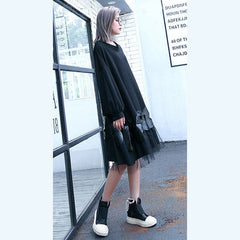 Fine black cotton blended knee dress Loose fitting patchwork Fine tulle baggy cotton blended clothing dress