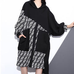 Fine black dress plus size Hooded patchwork long coat New long sleeve pockets asymmetrical design dresses