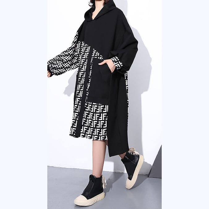 Fine black dress plus size Hooded patchwork long coat New long sleeve pockets asymmetrical design dresses