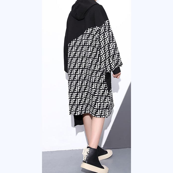 Fine black dress plus size Hooded patchwork long coat New long sleeve pockets asymmetrical design dresses