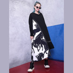 Fine black natural plus size clothing dress patchwork asymmetrical design Elegant v neck baggy dresses