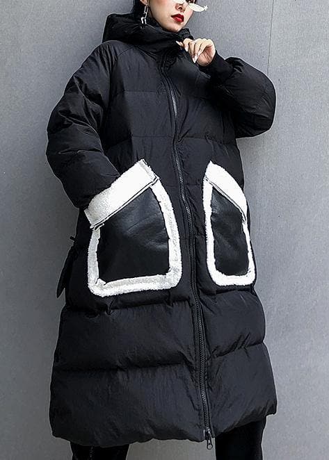 Parkas à imprimé noir fin pour femme Veste d'hiver ample Manteau patchwork à capuche