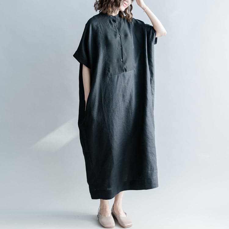 Feine schwarze Seidenleinenkleider Übergröße Stand Baggy Kleider Kaftans lässiges Kurzarm Patchworkkleid