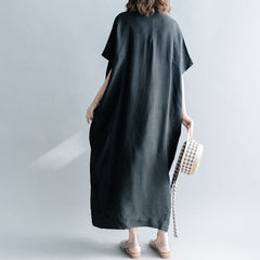 Feine schwarze Seidenleinenkleider Übergröße Stand Baggy Kleider Kaftans lässiges Kurzarm Patchworkkleid