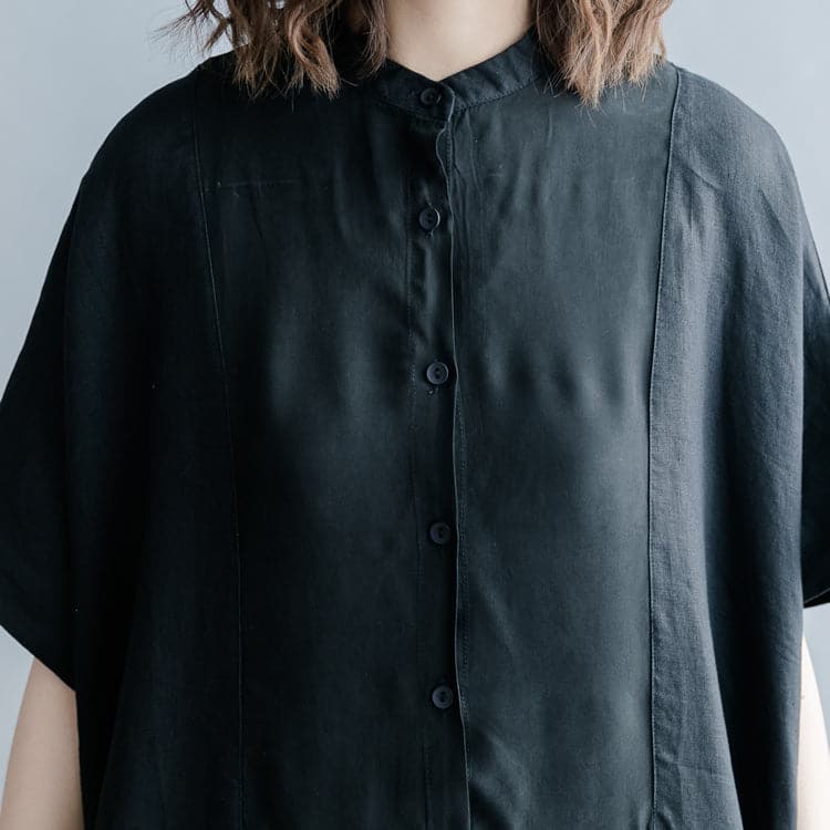 Feine schwarze Seidenleinenkleider Übergröße Stand Baggy Kleider Kaftans lässiges Kurzarm Patchworkkleid