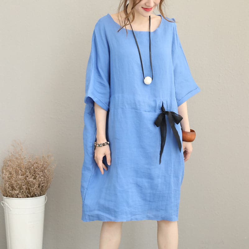 Robe mi-longue en lin bleu fin, robe oversize en lin, taille fine, cordon de serrage, manches bracelet, robes au genou