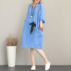 Robe mi-longue en lin bleu fin, robe oversize en lin, taille fine, cordon de serrage, manches bracelet, robes au genou