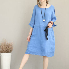 Robe mi-longue en lin bleu fin, robe oversize en lin, taille fine, cordon de serrage, manches bracelet, robes au genou