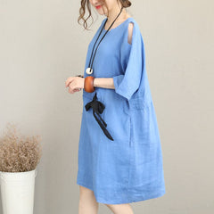 Robe mi-longue en lin bleu fin, robe oversize en lin, taille fine, cordon de serrage, manches bracelet, robes au genou